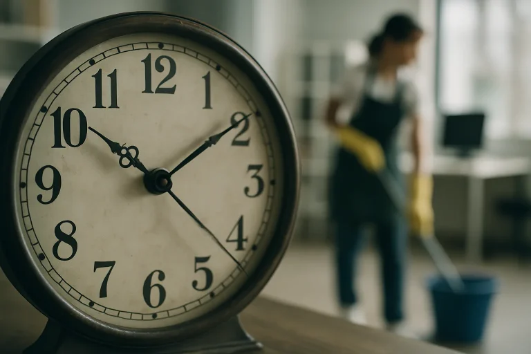 Horloge ancienne en gros plan avec un bureau de nettoyage flou en arrière-plan