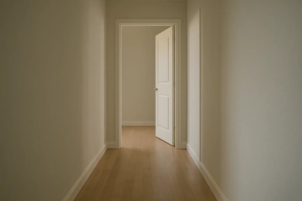 Couloir d'appartement vide avec porte entrouverte, lumière douce