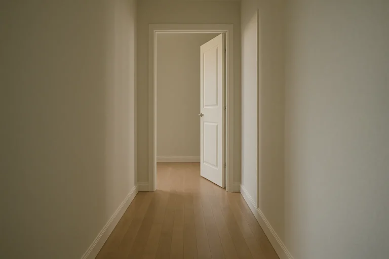 Couloir d'appartement vide avec porte entrouverte, lumière douce
