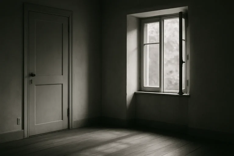 Scène en noir et blanc d'une pièce fermée avec une fenêtre entrouverte et lumière douce.