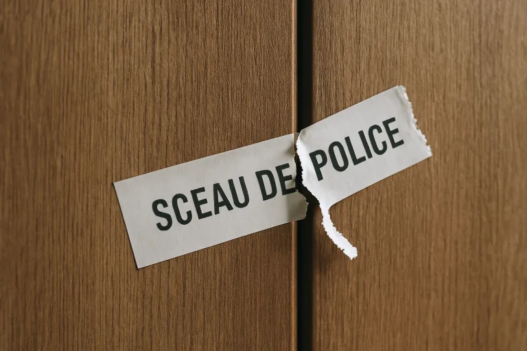 Gros plan sur un sceau de police brisé sur une porte, ruban déchiré.
