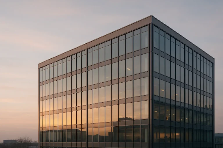 Façade vitrée d'un immeuble de bureaux moderne au lever du soleil.