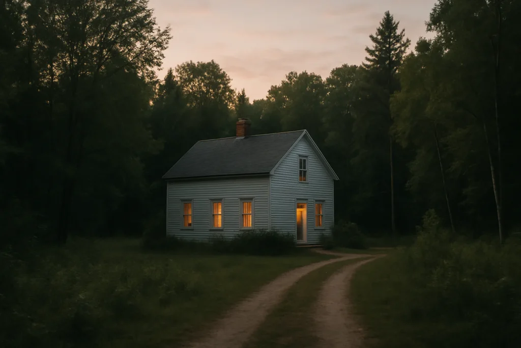 Une maison isolée au crépuscule, entourée de forêt, vue d'ensemble avec chemin de terre.