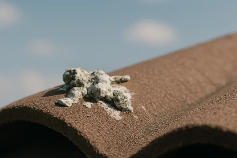 Fientes de pigeon sur une tuile de toit avec ciel bleu en arrière-plan.