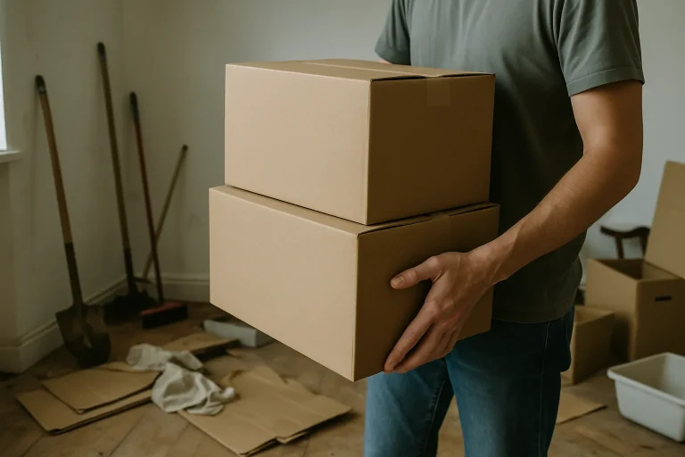 Mains portant des cartons pendant un débarras, outils visibles en arrière-plan.