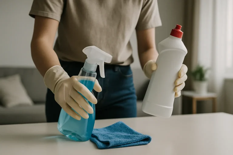 Mains gantées utilisant des produits de nettoyage dans un appartement, lumière neutre