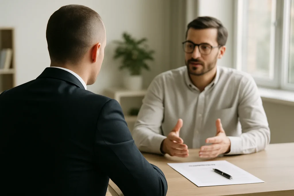 Expert en assurance discutant avec un client dans un bureau, documents sur la table.