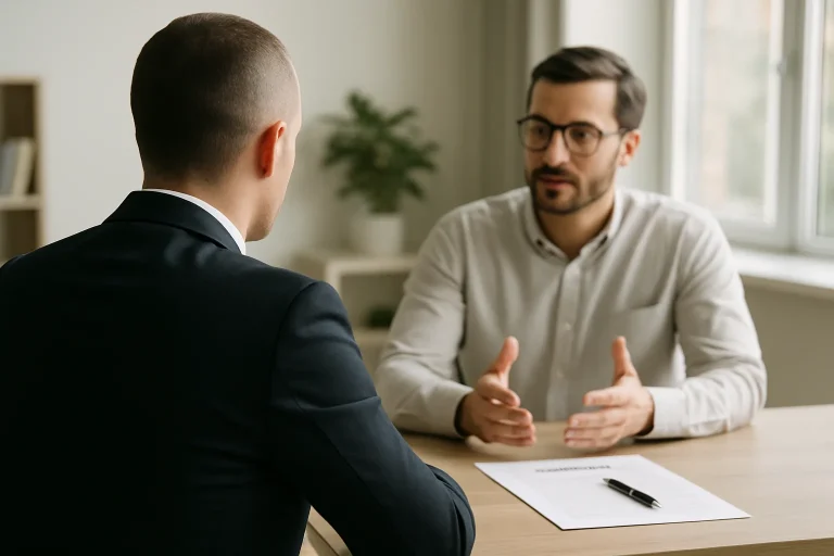 Expert en assurance discutant avec un client dans un bureau, documents sur la table.