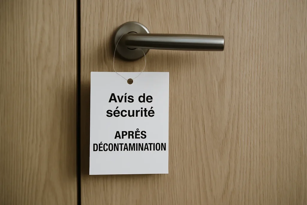 Panneau de sécurité sur une porte, avis de décontamination, lumière naturelle
