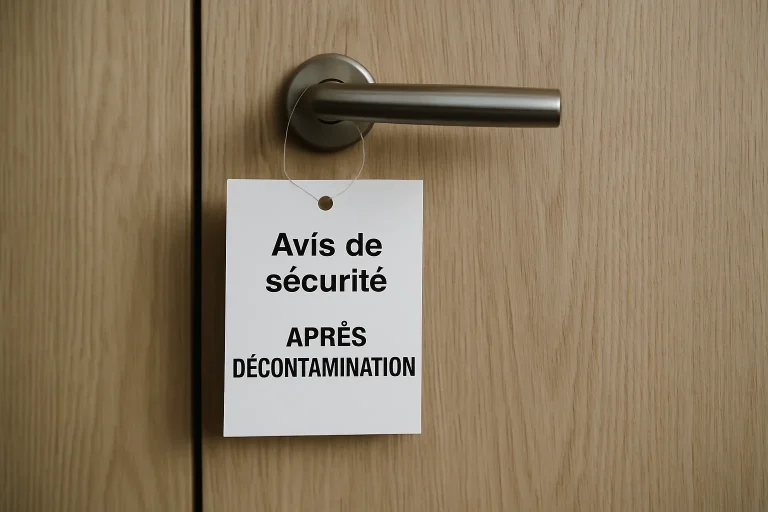 Panneau de sécurité sur une porte, avis de décontamination, lumière naturelle