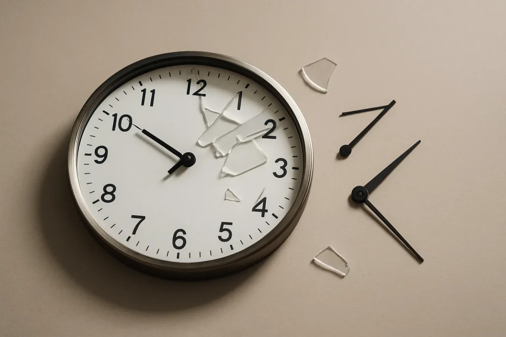 Horloge brisée avec aiguilles dispersées sur fond uni, éclairage latéral