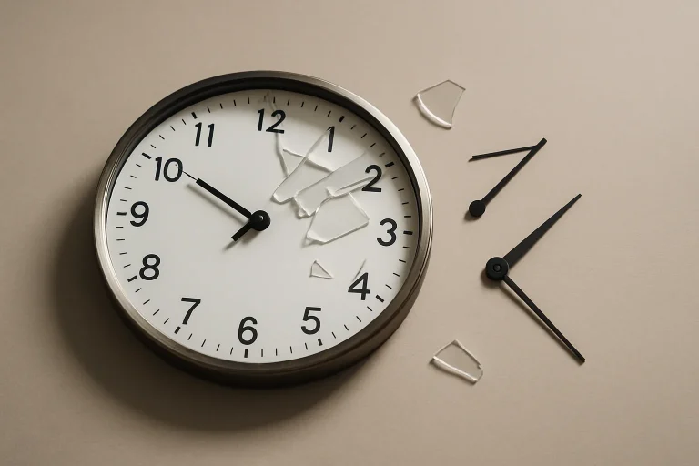 Horloge brisée avec aiguilles dispersées sur fond uni, éclairage latéral