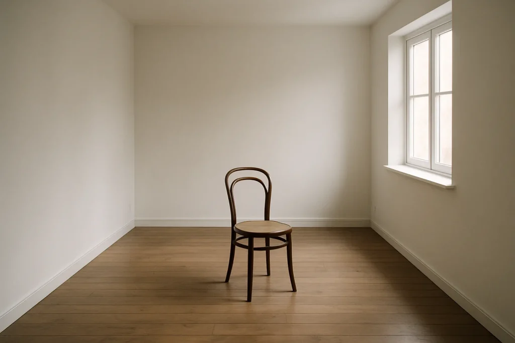 Appartement vide avec plancher en bois et lumière douce entrant par une fenêtre.