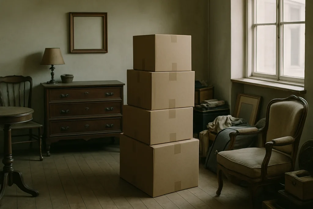 Intérieur d'une pièce encombrée avec meubles anciens et cartons empilés.