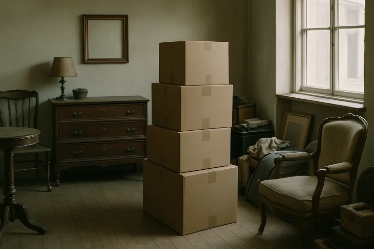 Intérieur d'une pièce encombrée avec meubles anciens et cartons empilés.