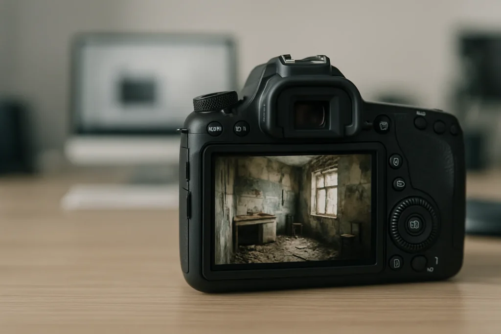 Appareil photo numérique affichant une image d'intérieur insalubre sur l'écran.