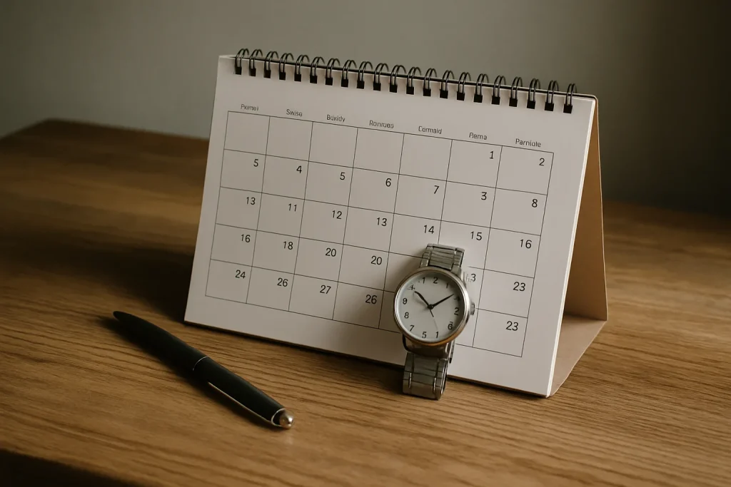 Calendrier ouvert avec une montre et un stylo, symbolisant un délai planifié