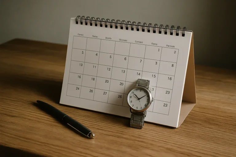 Calendrier ouvert avec une montre et un stylo, symbolisant un délai planifié