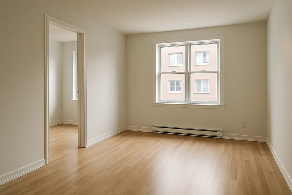 Intérieur d'un appartement rénové avec lumière naturelle, plancher en bois et murs peints.