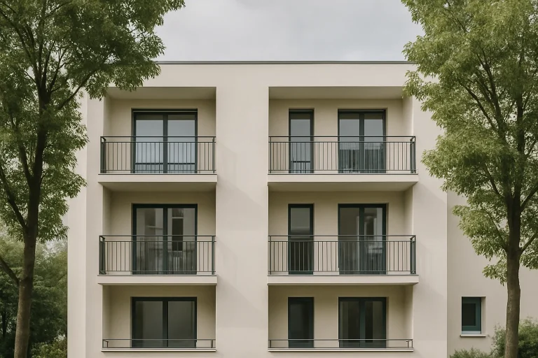 Façade d'une petite copropriété moderne avec balcons et arbres devant.