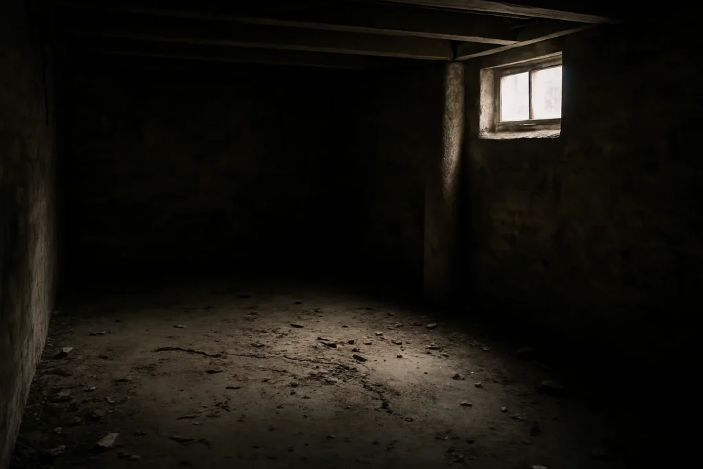 Cave sombre avec des signes d'infestation, lumière naturelle entrant par une fenêtre.