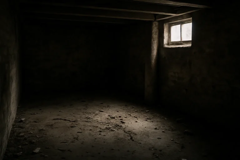 Cave sombre avec des signes d'infestation, lumière naturelle entrant par une fenêtre.