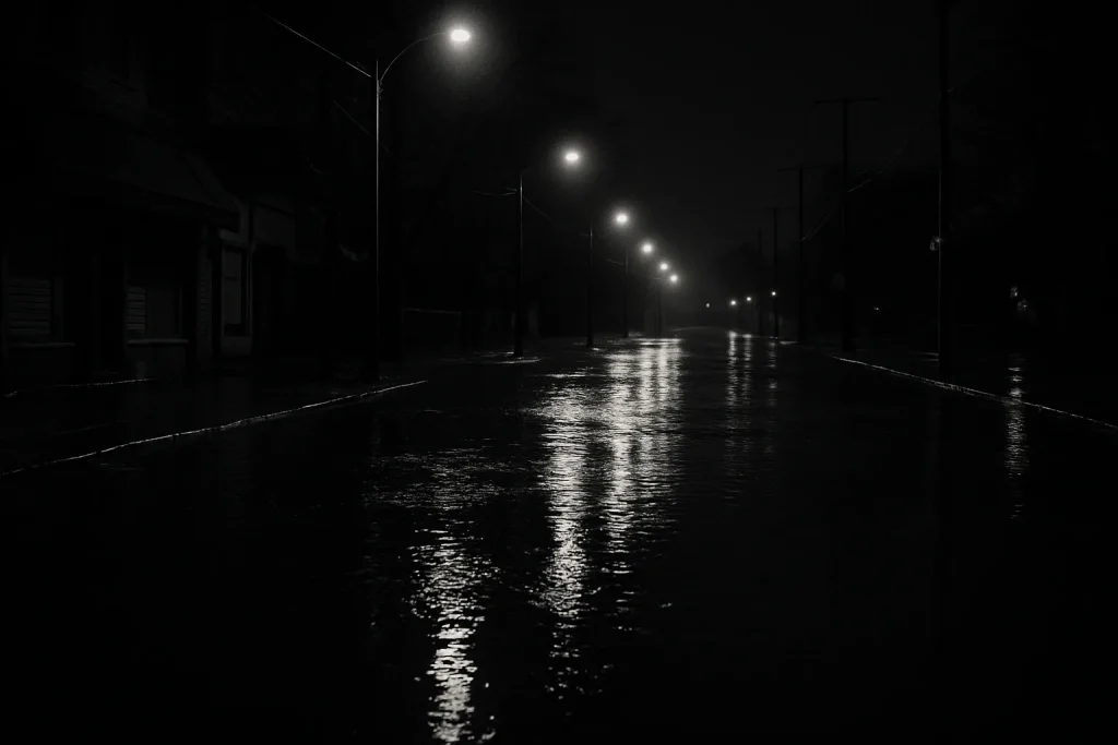 Rue inondée la nuit avec des reflets d'eau éclairés par des lampadaires