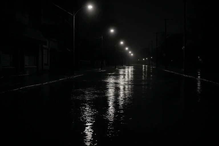 Rue inondée la nuit avec des reflets d'eau éclairés par des lampadaires