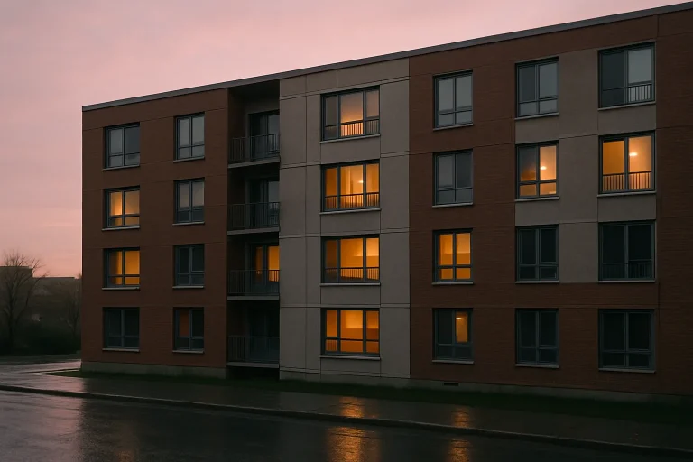 Vue d'un immeuble résidentiel tôt le matin avec des fenêtres éclairées