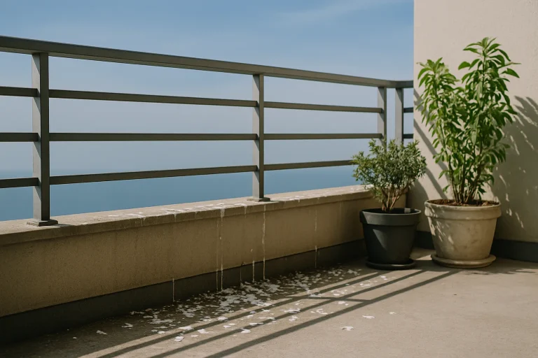 Balcon ensoleillé avec fientes de pigeon sur le sol et balustrade